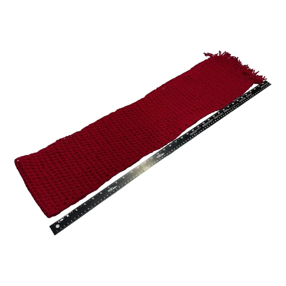 Women's Red Fringed Detail Boho Cozy Handmade Woven Crochet Rectangle Scarf - Picture 2 of 6